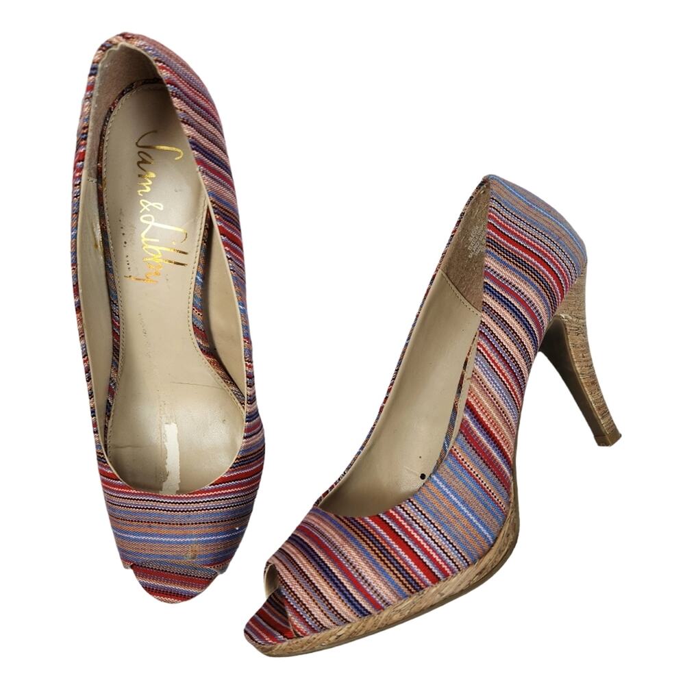 Sam & Libby Pumps Sz 9 Peeptoe Striped Colorful Pump Heels - Picture 1 of 12